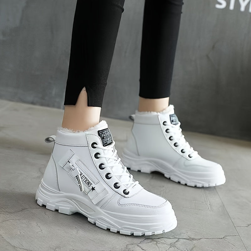 Botas femininas de inverno de cano alto, forradas com lã quente e cano curto…
