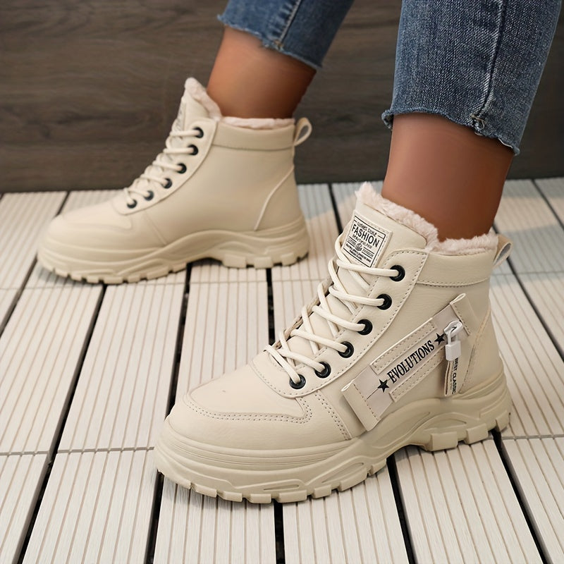 Botas femininas de inverno de cano alto, forradas com lã quente e cano curto…