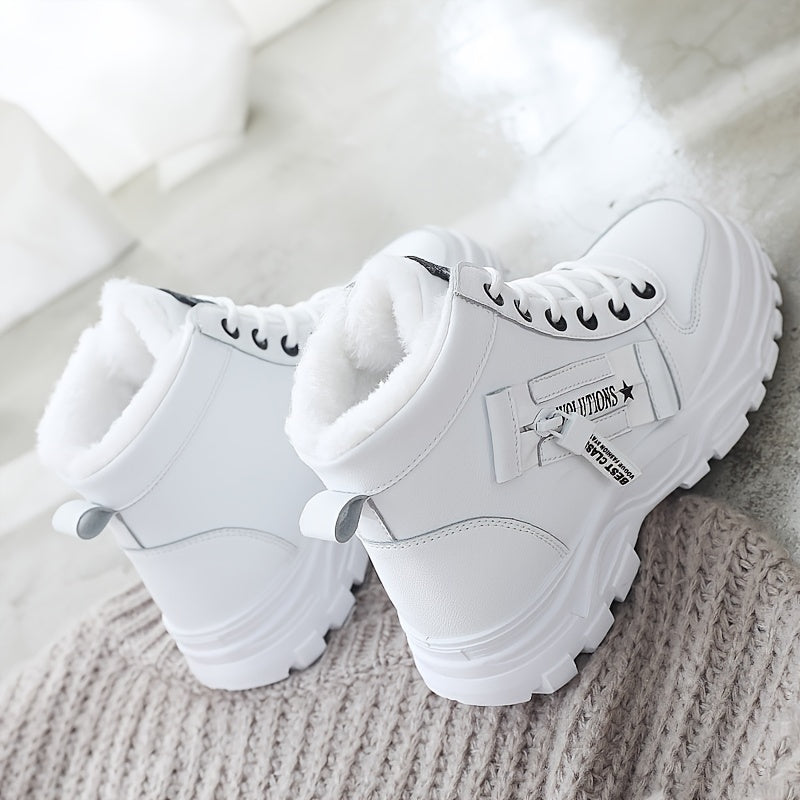 Botas femininas de inverno de cano alto, forradas com lã quente e cano curto…