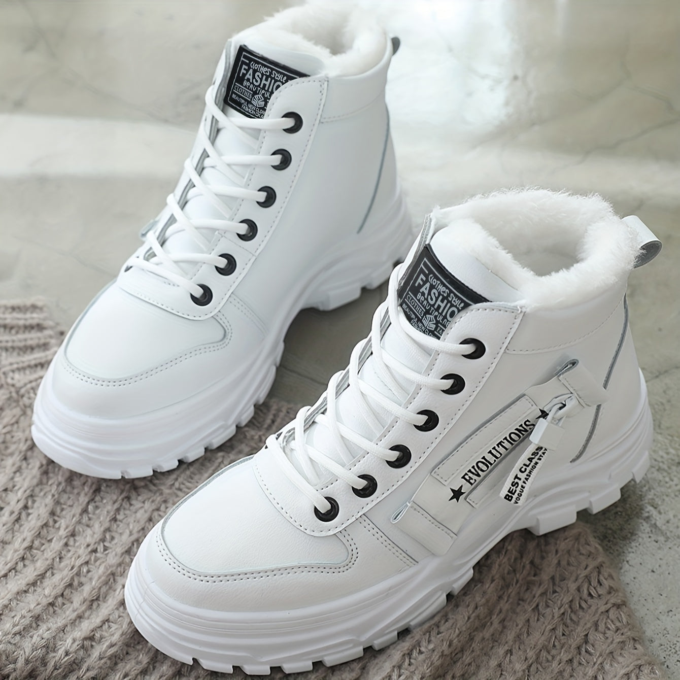 Botas femininas de inverno de cano alto, forradas com lã quente e cano curto…