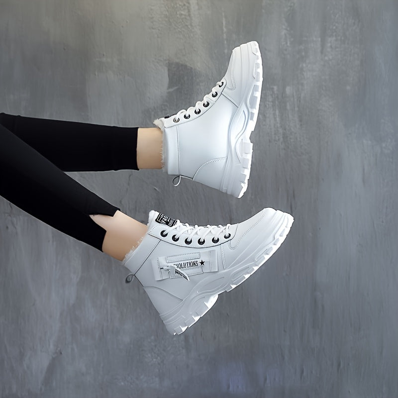 Botas femininas de inverno de cano alto, forradas com lã quente e cano curto…