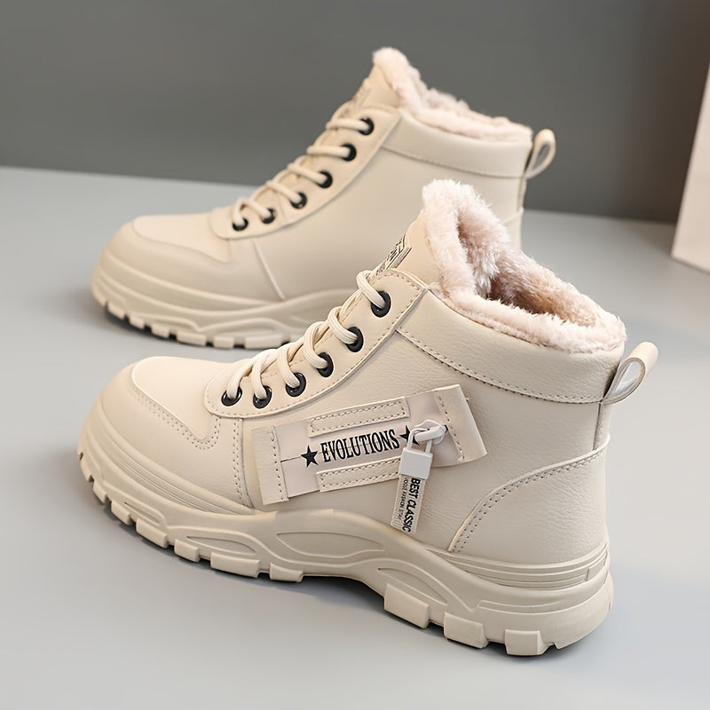 Botas femininas de inverno de cano alto, forradas com lã quente e cano curto…