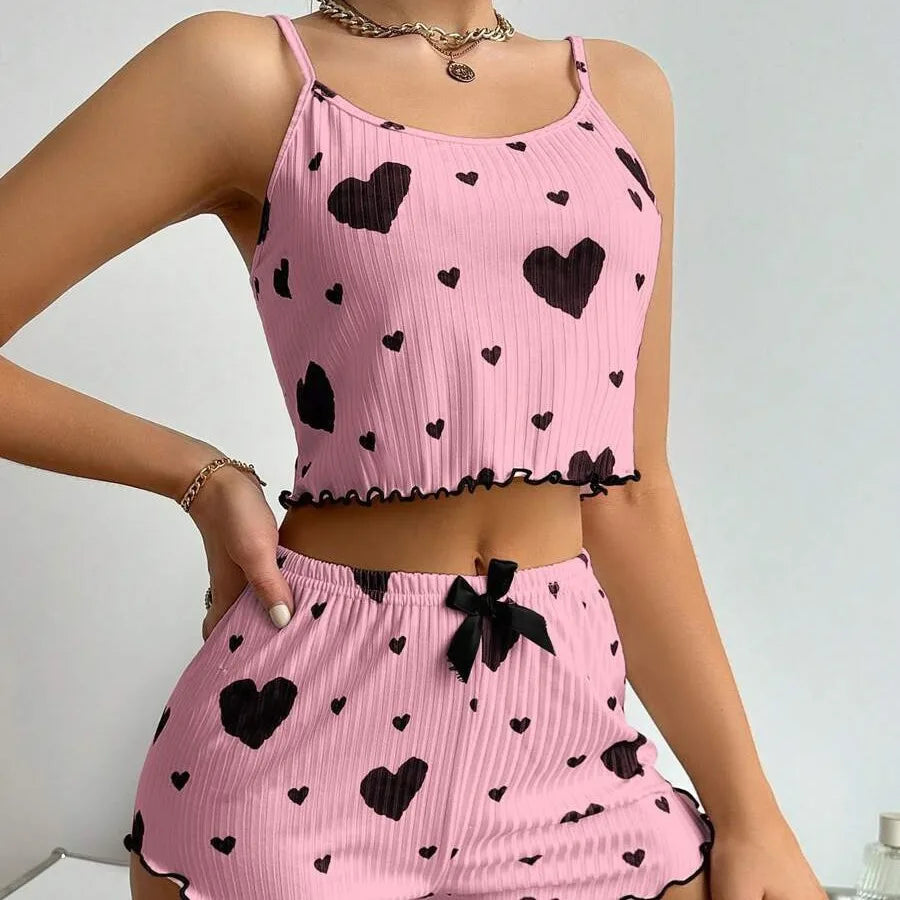 Conjunto de pijama feminino de 2 peças com estampa de coração, top cropped sem mang