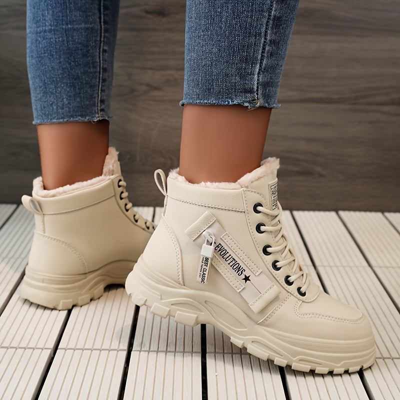 Botas femininas de inverno de cano alto, forradas com lã quente e cano curto…